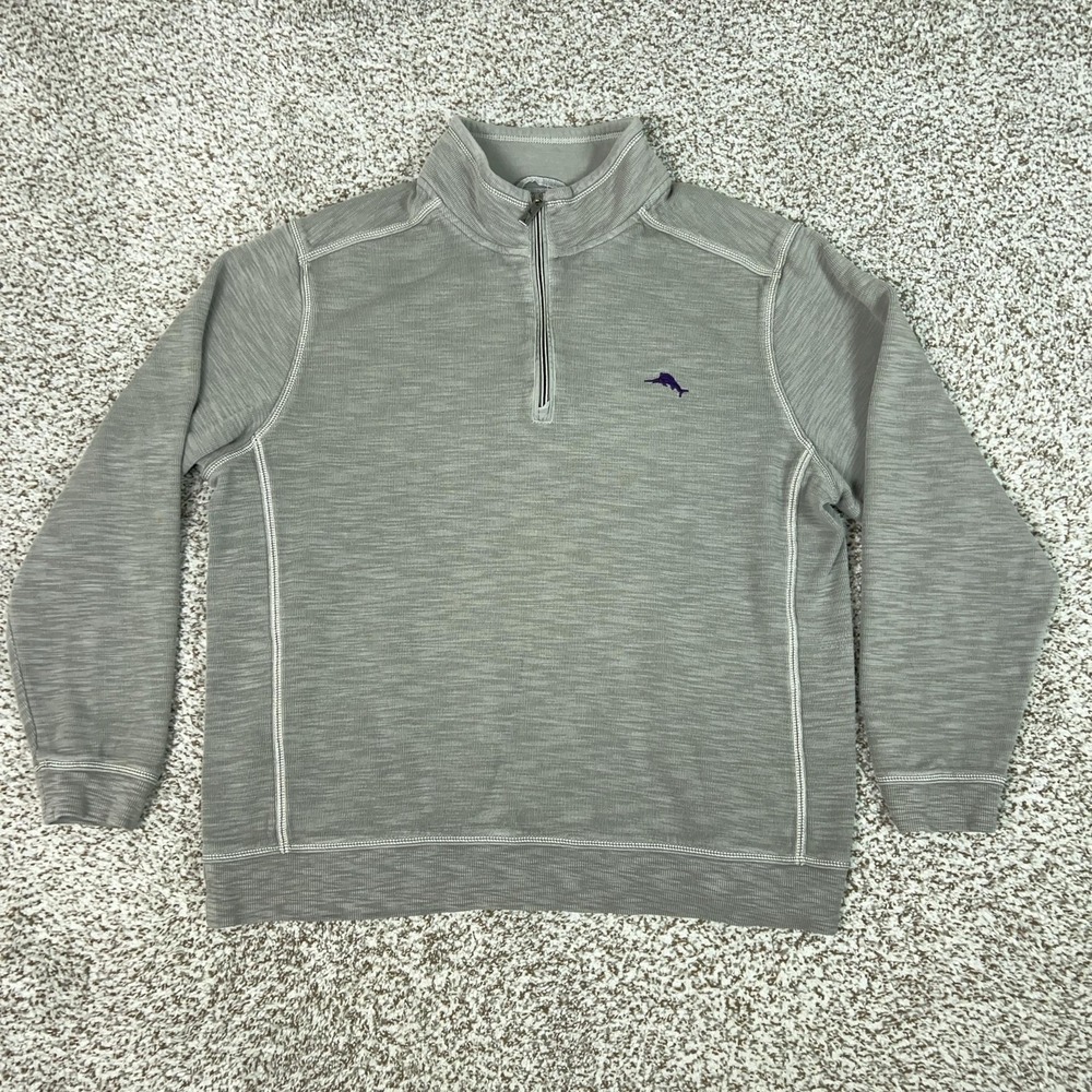 Tommy Bahama Sweater Mens XL‎ Gray 1/4 Zip Mock Neck Knit Pullover Logo Casual